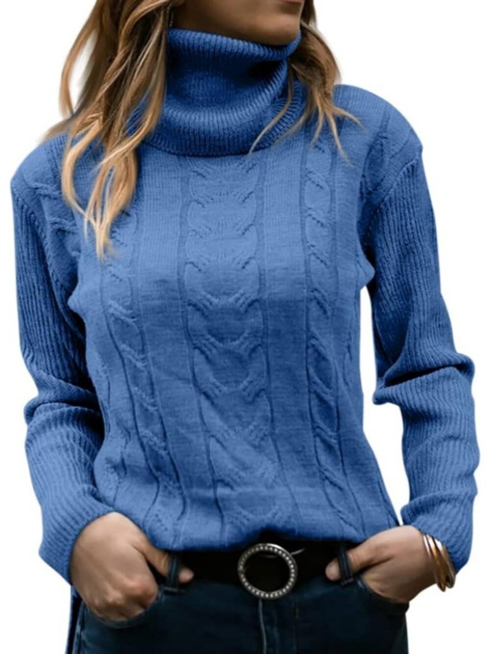 Women's Blue Turtleneck Long Sleeve Cable Knit Slim-Fit Style Stylish Sweaters